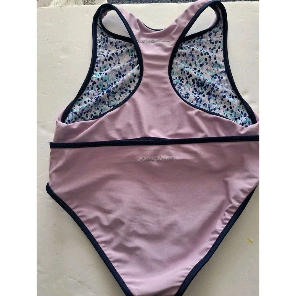 Eddie Bauer Girls 2 Piece Reversible Swimsuit Med  10-12 Purple Blue Polka Dots
